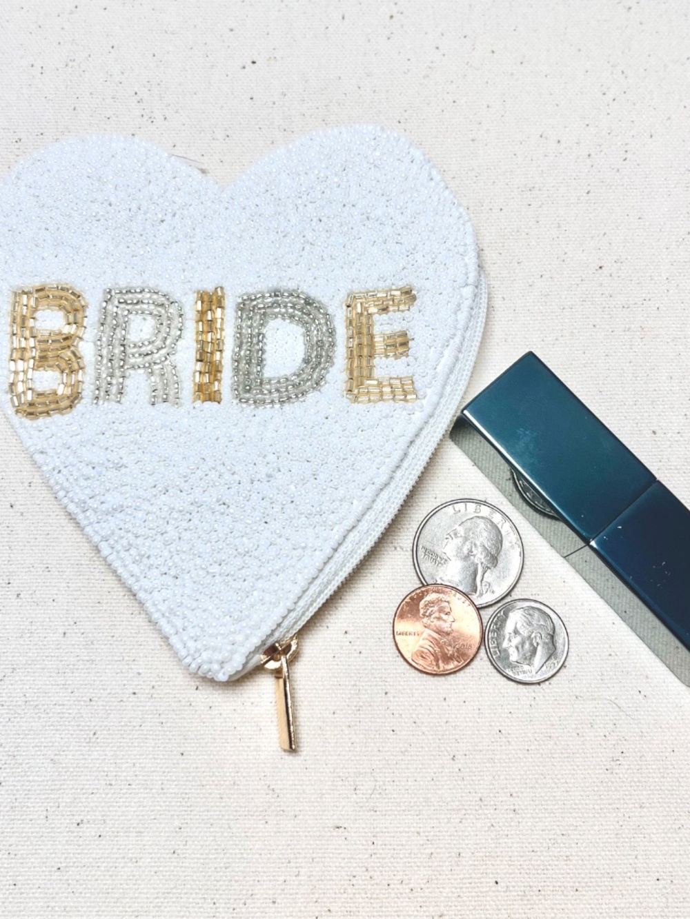 Mud Pie White Gold Beaded Bride Heart Shaped Change Purse Zippered Pouch